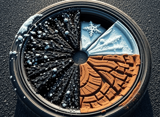 Close-up of four car tires arranged in a circle on asphalt, each showing tread for snow, rain, dry heat, and mixed terrain with weather elements ar...