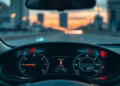 Modern car dashboard with glowing maintenance icons against a blurred city dusk background, highlighting smart vehicle technology for easy upkeep.