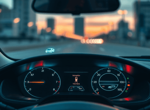 Modern car dashboard with glowing maintenance icons against a blurred city dusk background, highlighting smart vehicle technology for easy upkeep.