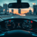 Modern car dashboard with glowing maintenance icons against a blurred city dusk background, highlighting smart vehicle technology for easy upkeep.