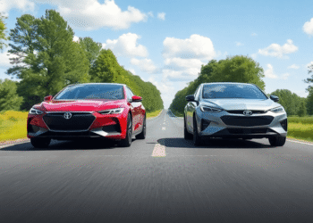 Two hybrid cars parked side by side on a road with green trees and a clear blue sky, representing eco-friendly and sustainable driving choices.