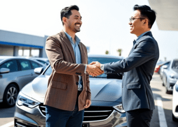 A bright car dealership lot with sleek cars; a customer and salesperson shaking hands, highlighting trust and a stress-free, no-haggle buying exper...