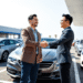 A bright car dealership lot with sleek cars; a customer and salesperson shaking hands, highlighting trust and a stress-free, no-haggle buying exper...