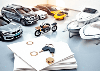 A bright, modern scene with a car, SUV, motorcycle, and boat parked neatly beside documents with seals and keys, symbolizing organized vehicle tran...