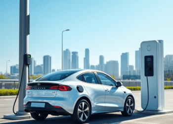 A modern electric car charging at a sleek public station in a bright cityscape under clear blue skies, symbolizing eco-friendly transportation.