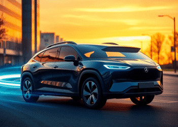 A modern electric SUV parked on a city street at sunset with glowing abstract lines symbolizing technology and connectivity.