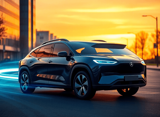 A modern electric SUV parked on a city street at sunset with glowing abstract lines symbolizing technology and connectivity.