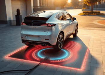 A sleek electric car parked on a glowing wireless charging pad in a modern driveway with soft sunlight and a clean urban background.
