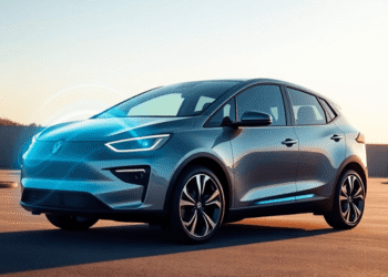 A sleek electric vehicle outdoors with glowing digital waves flowing toward it under a bright, clear sky, symbolizing wireless connectivity and inn...
