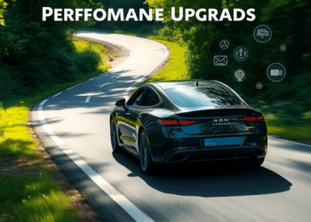 A sleek modern car driving on a winding road through lush greenery, highlighted by soft sunlight with abstract tech and sustainability icons nearby.