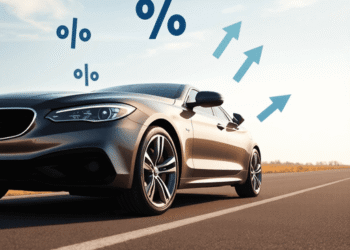 A sleek modern car on an open road under a bright sky with floating percentage signs and arrows symbolizing fluctuating auto loan rates.