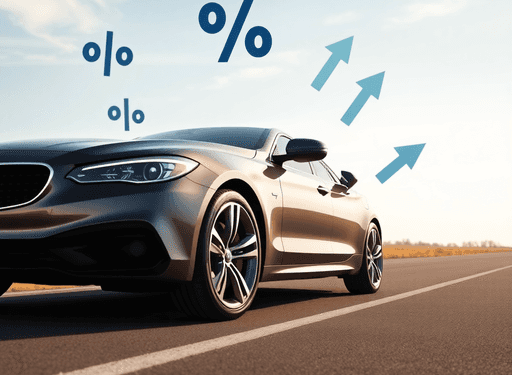 A sleek modern car on an open road under a bright sky with floating percentage signs and arrows symbolizing fluctuating auto loan rates.