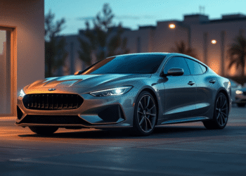 A sleek modern car parked at dusk with glowing digital waves flowing around it, set against a futuristic urban background.