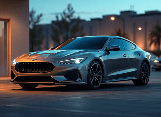 A sleek modern car parked at dusk with glowing digital waves flowing around it, set against a futuristic urban background.
