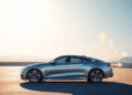 A sleek modern car parked in an open lot with glowing arrows and digital circuit patterns in the background, symbolizing smart buying and advanced ...