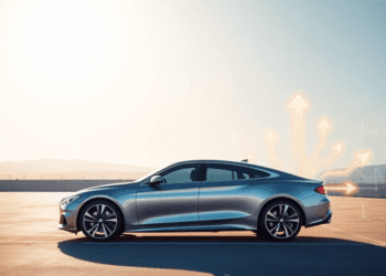 A sleek modern car parked in an open lot with glowing arrows and digital circuit patterns in the background, symbolizing smart buying and advanced ...