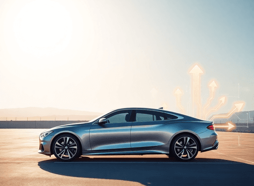 A sleek modern car parked in an open lot with glowing arrows and digital circuit patterns in the background, symbolizing smart buying and advanced ...