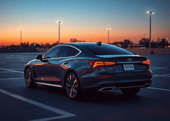 A sleek modern car parking itself in a city lot at dusk, surrounded by glowing abstract lines and digital symbols, evoking a calm futuristic atmosp...