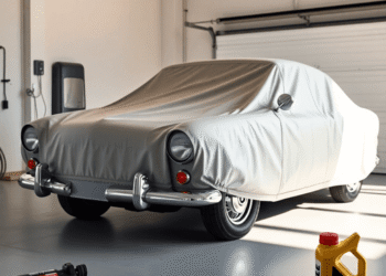 Classic car under a protective cover in a bright garage with soft natural light, surrounded by automotive care items like a tire inflator and motor...