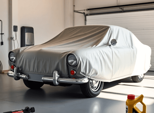 Classic car under a protective cover in a bright garage with soft natural light, surrounded by automotive care items like a tire inflator and motor...