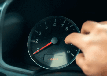 Close-up of a car dashboard odometer with an abstract hand turning it backward, blurred background with soft lighting conveying caution.