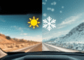 Close-up of a car dashboard with glowing sun and snowflake icons above the hood, heatwaves and frost effects, road shifting from desert to snowy la...