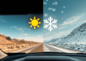 Close-up of a car dashboard with glowing sun and snowflake icons above the hood, heatwaves and frost effects, road shifting from desert to snowy la...
