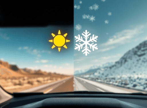 Close-up of a car dashboard with glowing sun and snowflake icons above the hood, heatwaves and frost effects, road shifting from desert to snowy la...