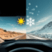 Close-up of a car dashboard with glowing sun and snowflake icons above the hood, heatwaves and frost effects, road shifting from desert to snowy la...