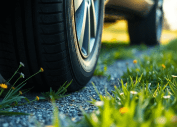 Close-up of a car tire rolling on a road with green grass and wildflowers, highlighted by soft sunlight, emphasizing eco-friendly design and sustai...
