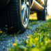 Close-up of a car tire rolling on a road with green grass and wildflowers, highlighted by soft sunlight, emphasizing eco-friendly design and sustai...
