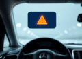 Close-up of a modern car dashboard and steering wheel with abstract glowing warning lights on a bright, clean background symbolizing safety.