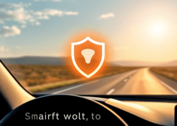 Close-up of a modern car dashboard with a glowing shield icon above, set against a sunny open road background, symbolizing vehicle security and sma...