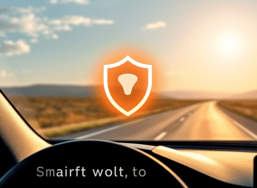 Close-up of a modern car dashboard with a glowing shield icon above, set against a sunny open road background, symbolizing vehicle security and sma...