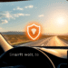 Close-up of a modern car dashboard with a glowing shield icon above, set against a sunny open road background, symbolizing vehicle security and sma...