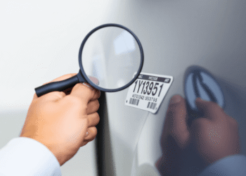 Close-up of a person examining a car's VIN plate and exterior with a magnifying glass against a neutral background, symbolizing careful vehicle ins...