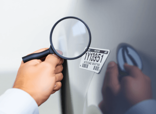Close-up of a person examining a car's VIN plate and exterior with a magnifying glass against a neutral background, symbolizing careful vehicle ins...
