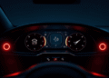 Modern car dashboard with glowing digital icons for features and circular progress indicators on a clean futuristic background.