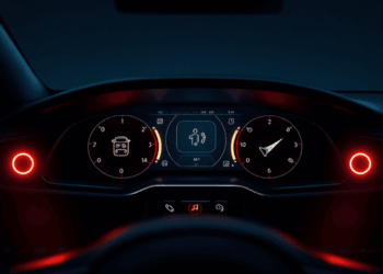 Modern car dashboard with glowing digital icons for features and circular progress indicators on a clean futuristic background.