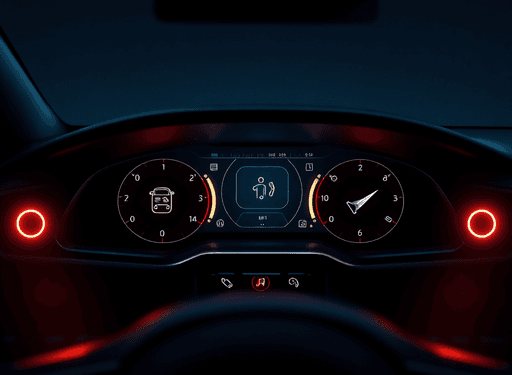 Modern car dashboard with glowing digital icons for features and circular progress indicators on a clean futuristic background.