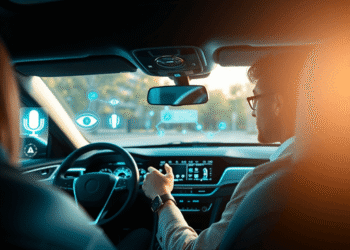 Modern car interior with glowing futuristic dashboard and abstract tech icons, driver using voice assistant hands-free, highlighting safety and sma...