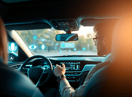 Modern car interior with glowing futuristic dashboard and abstract tech icons, driver using voice assistant hands-free, highlighting safety and sma...