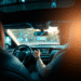 Modern car interior with glowing futuristic dashboard and abstract tech icons, driver using voice assistant hands-free, highlighting safety and sma...