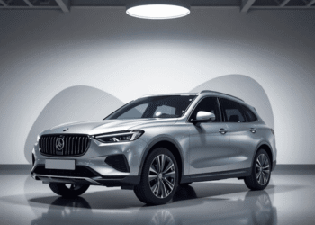 Modern car showroom with a shiny vehicle under soft lighting, abstract shapes in the background symbolizing financial savings and smart buying deci...