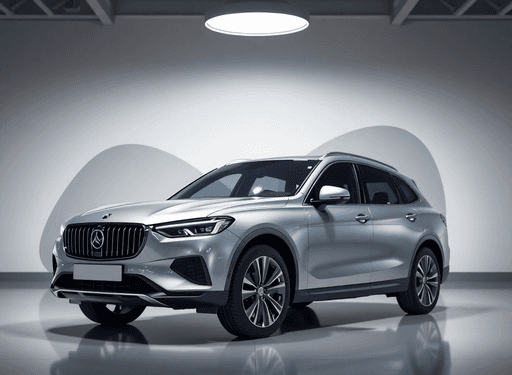 Modern car showroom with a shiny vehicle under soft lighting, abstract shapes in the background symbolizing financial savings and smart buying deci...