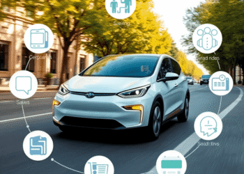 Modern electric car on a city street with green trees and clear skies, surrounded by icons of shared rides, savings, and eco-friendly transport.