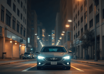 Nighttime city street with a securely parked car under soft streetlights, surrounded by illuminated buildings and visible security cameras and moti...