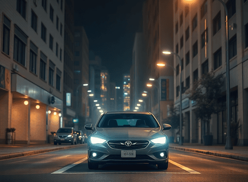 Nighttime city street with a securely parked car under soft streetlights, surrounded by illuminated buildings and visible security cameras and moti...