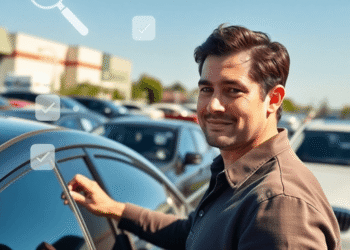 Person confidently inspecting a used car outdoors, surrounded by sedans and SUVs, with magnifying glass and checklist icons in the background symbo...