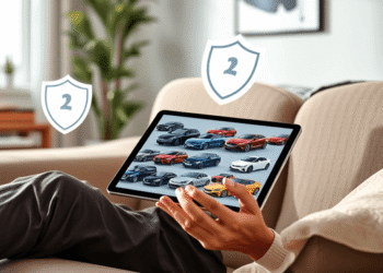 Person on couch holding tablet showing car models, with shield and magnifying glass icons nearby, in a cozy, softly lit living room.